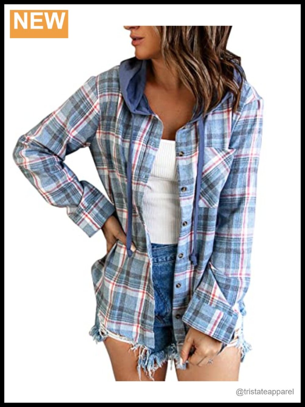 Women's Plaid Hooded Shirt Drawstring Flannel Sweatshirt Jacket Casual Button